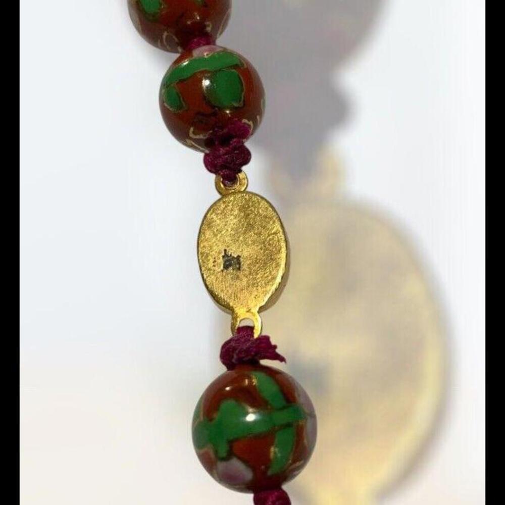 CHINESE EXPORT CLOISONNÉ ANTIQUE NECKLACE LARGE BEADS FLORAL DESIGN RED ENAMEL - Picture 9 of 12